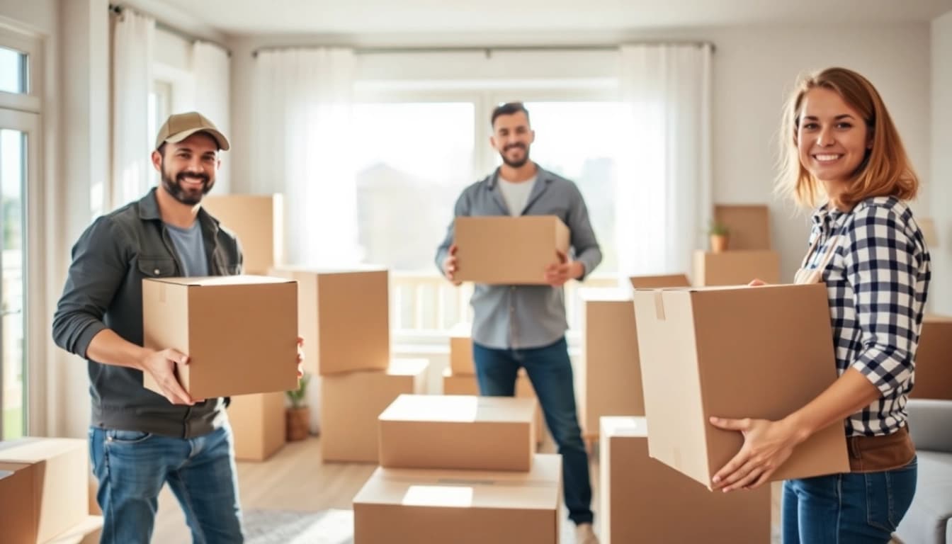 Umzugsunternehmen Darmstadt team carefully packing boxes in a bright living room.