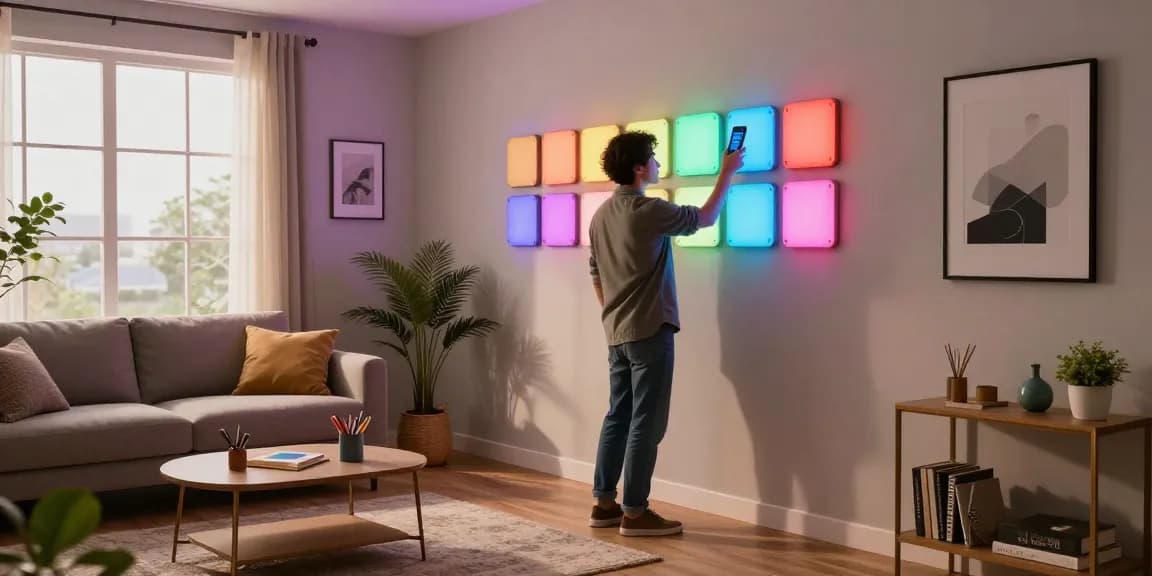 Dynamic scene of a person adjusting smarte LED Panels in a modern home, creating vibrant lighting for a cozy atmosphere.