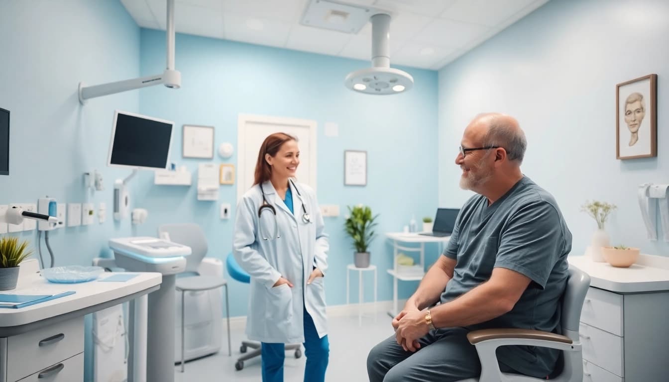 Hautärztin 1100 diagnostiziert professionell Hauterkrankungen in einer modernen Praxis.