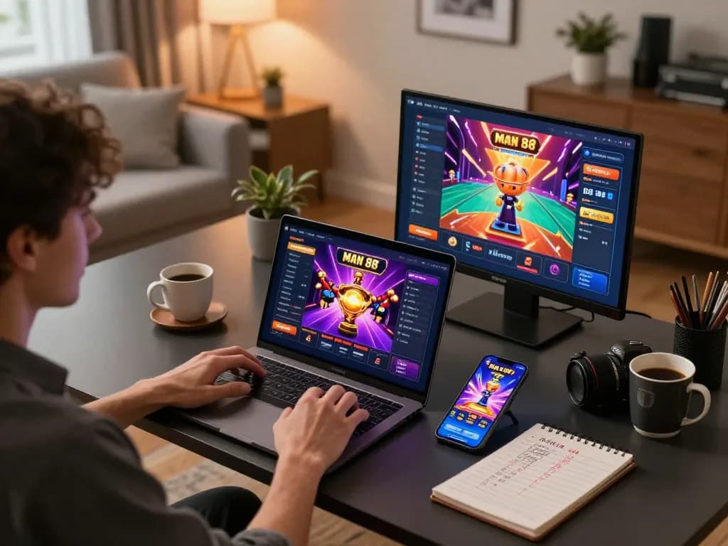 Player engaging with online casino app Man 88 on laptop, showcasing interactive gaming experience.