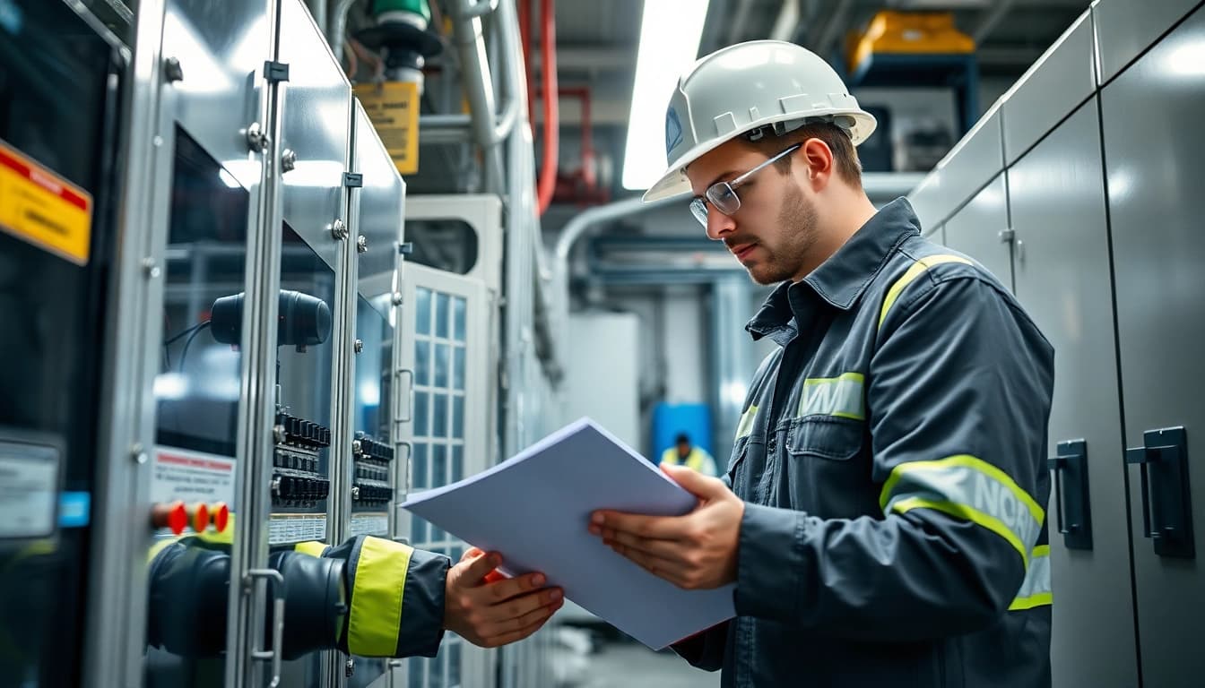 Technician performing DGUV V3 Prüfung on electrical equipment ensuring workplace safety.