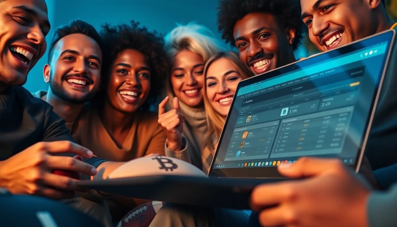 Experience the thrill of Bitcoin online sports betting with diverse bettors engaging on a sleek laptop.