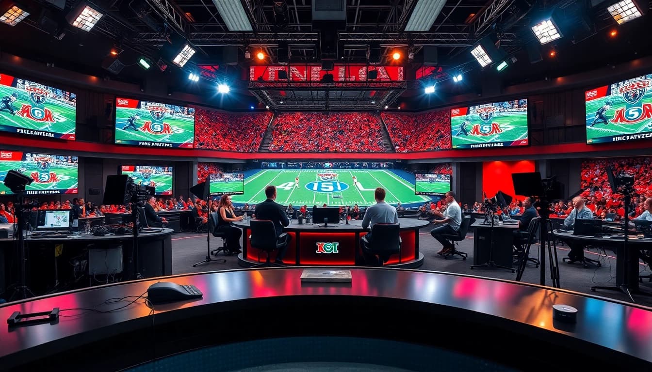 Engaging scene of sports broadcasting with commentators and multiple screens showcasing live events.