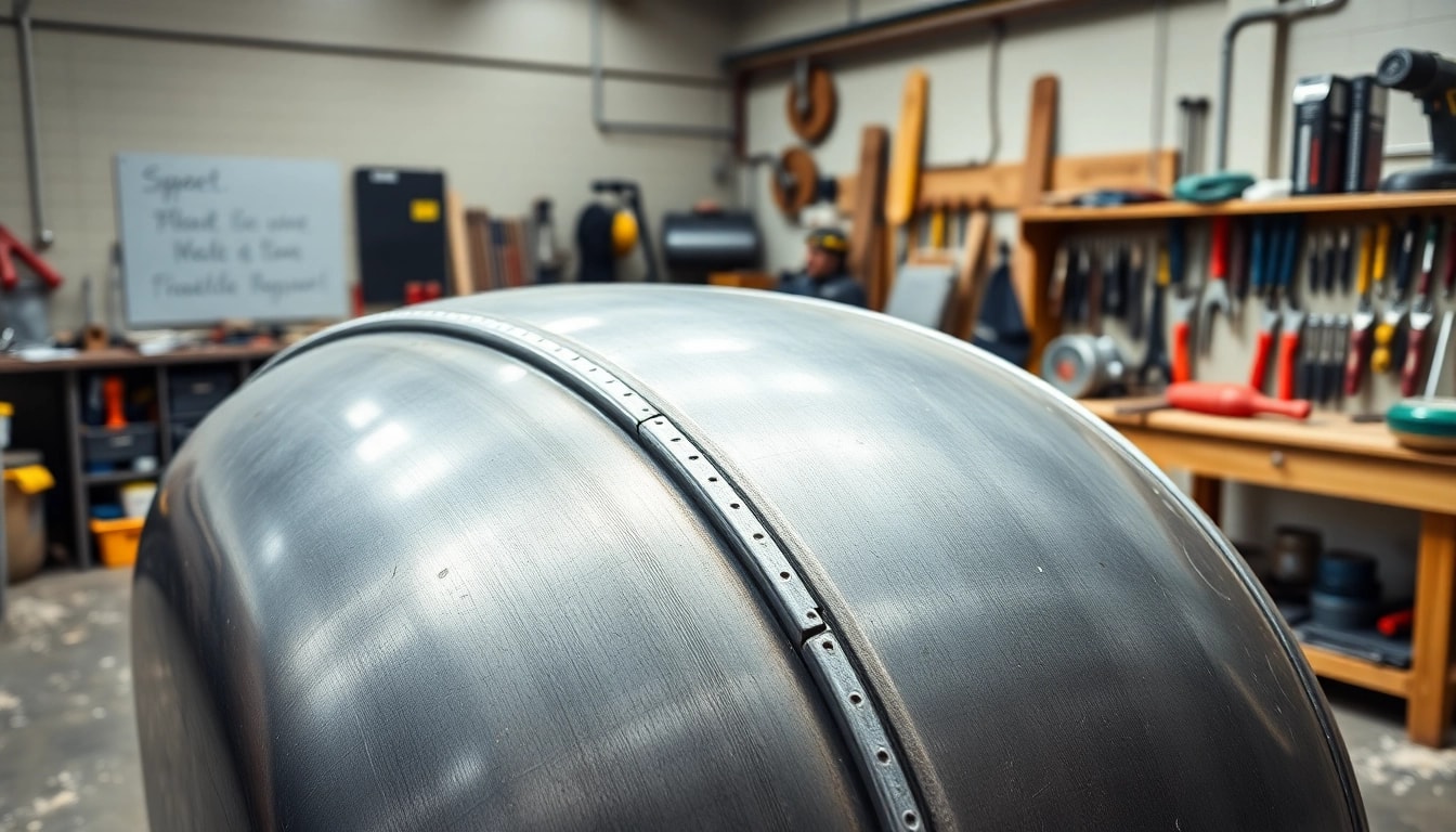 Kellertank zersägen in a professional workshop with tools and safety gear surrounding it.