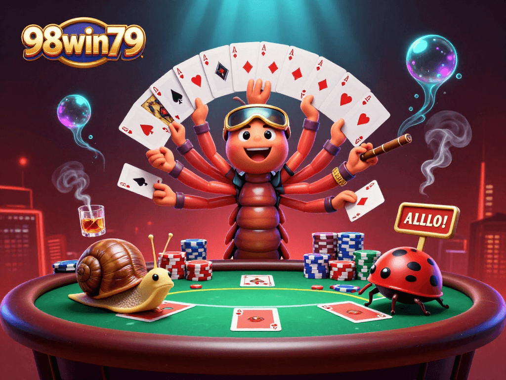 Experience thrilling 98win79 action with a vibrant poker scene featuring a lively millipede dealer.