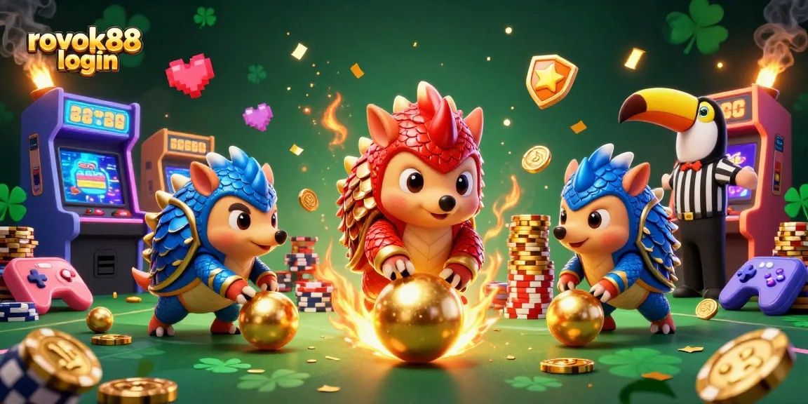Experience the excitement of ROKOK88 login with vibrant pangolins and casino elements in this lively illustration.