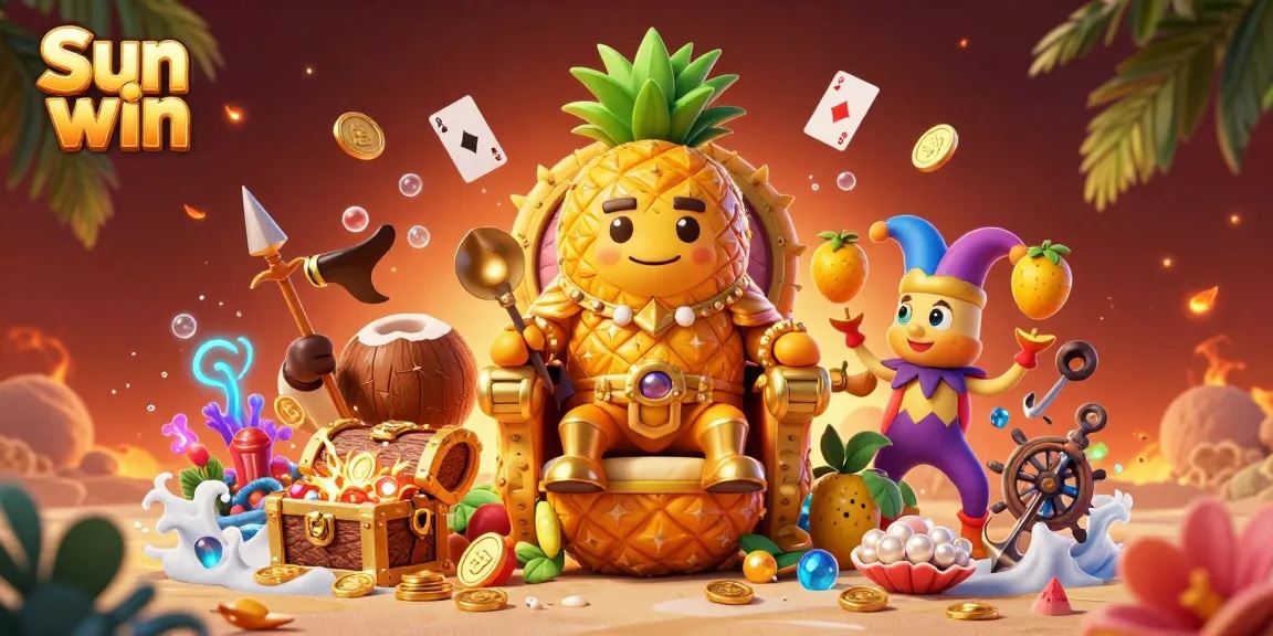 Engage in epic fun at Sun win with a vibrant illustration of a golden pineapple king and friends at a beach casino.