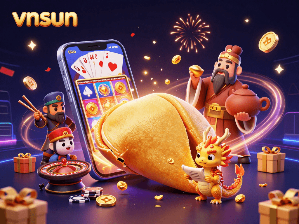 Engage in exciting gaming with vnsun's vibrant 3D casino scene, showcasing slot games and characters.
