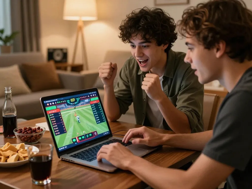 Watch friends engage in online sports betting at https://va88.uno/, analyzing live odds and cheering