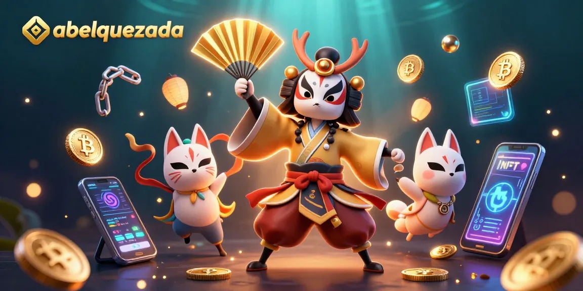 abelquezada showcases a kabuki warrior and kitsune mask amidst glowing crypto coins in a dynamic betting scene.