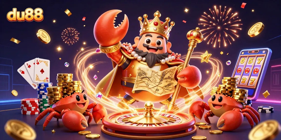 du88 showcases thrilling casino action with a golden crab emperor amid dazzling game elements.