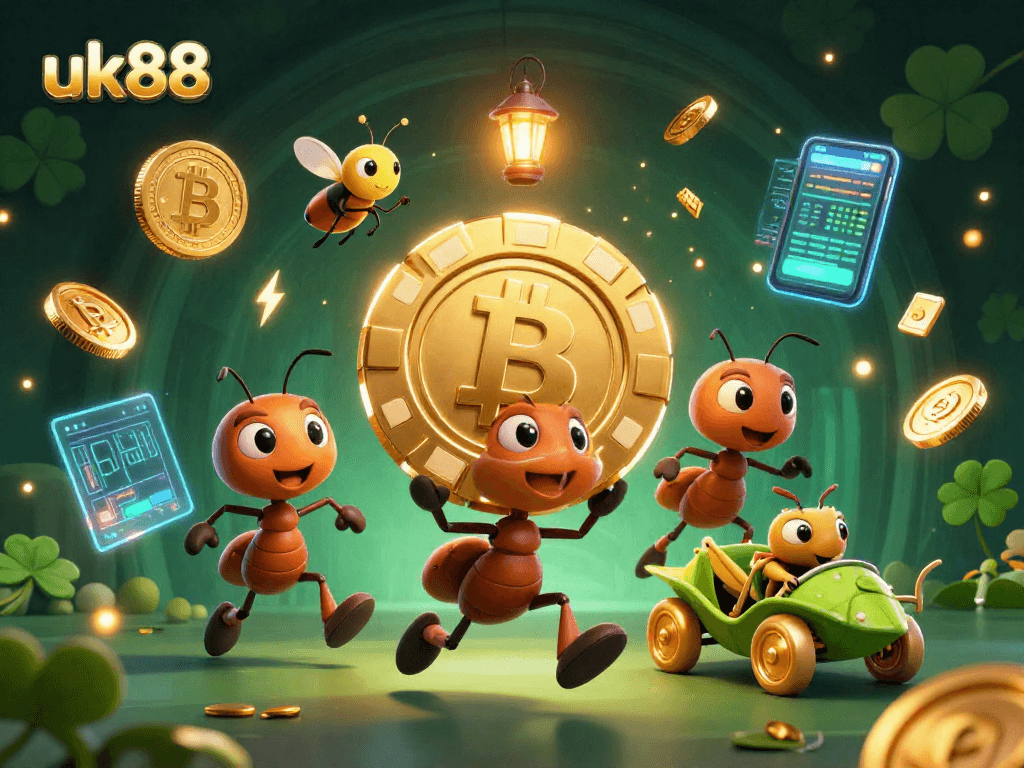 uk88 takes center stage in a captivating heist scene, showcasing vibrant casino elements and crypto coins.
