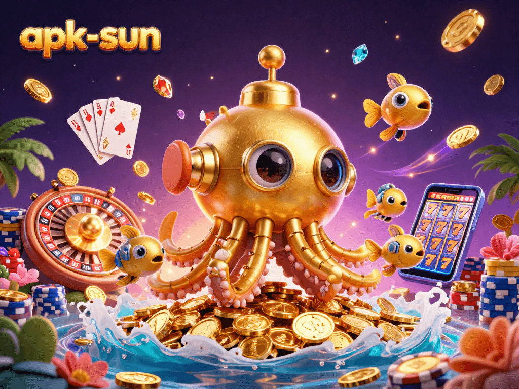 Experience thrilling moments with apk-sun's golden kraken submarine among golden coins, roulette, and rich casino elements.