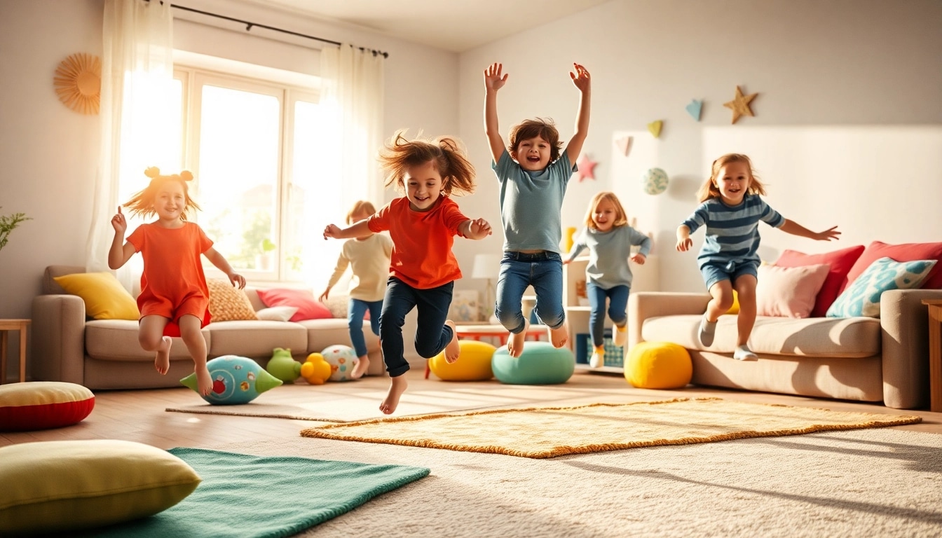 Begeisterte Kinder spielen drinnen Bewegungsspiele, mehr dazu lesen fuer kreative Ideen.