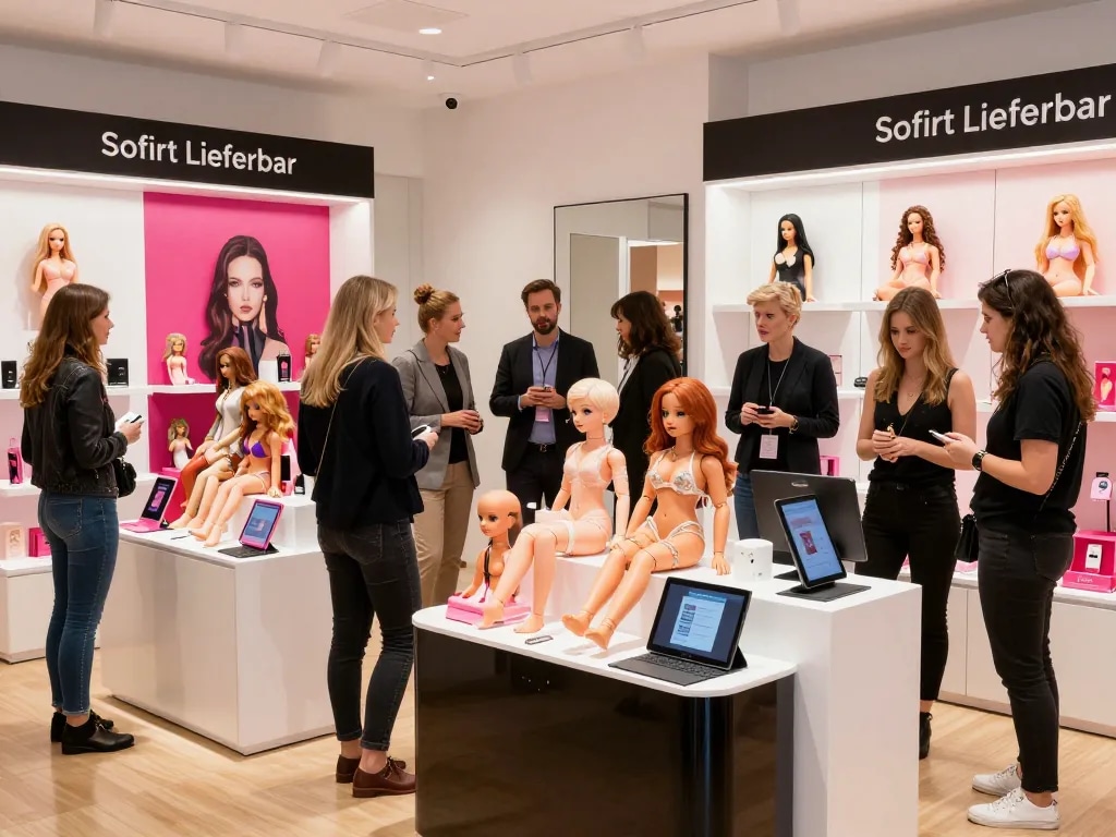 Showroom mit Sexpuppen, die als Sofort Lieferbar gekennzeichnet sind, mit ansprechenden Kundeninteraktionen.