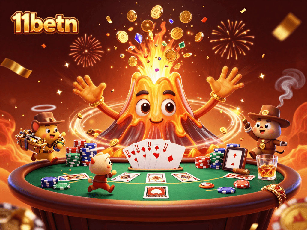 Experience the excitement of 11betn with treasures erupting from a golden volcano in a vibrant casino scene.