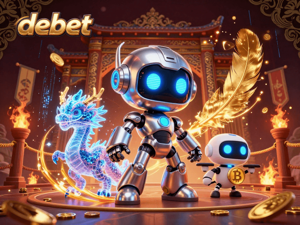 Engage with debet gaming through a vibrant 3D scene showcasing a cyberpunk mascot, bitcoin drone, and an epic betting arena.