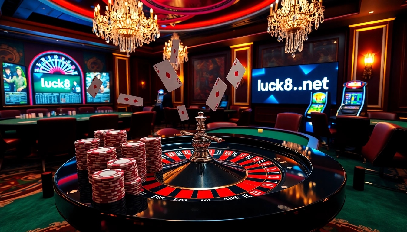 Niềm phấn khích khi cược tại một casino sang trọng có yếu tố từ https://luck8.net, với các chip poker và bàn roulette