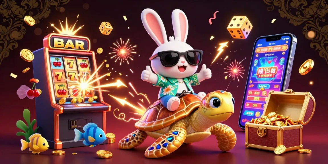 Fun88 showcases vibrant jackpot excitement with a lucky rabbit and golden turtle in a casino scene.