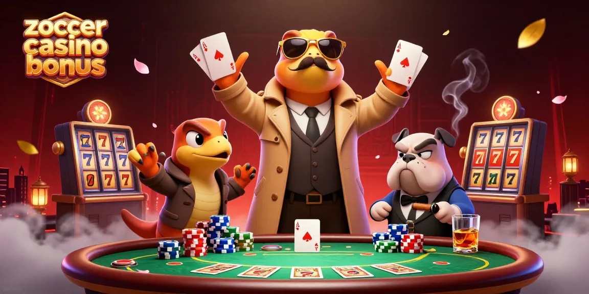 Witness the fun of Zoccer Casino Bonus with playful raptors in a trench coat entering a VIP lounge