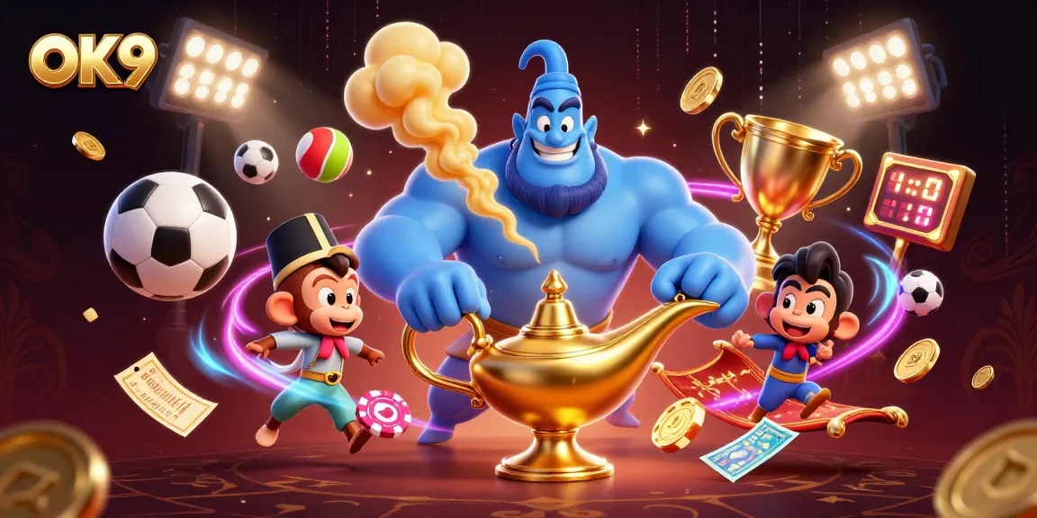 Experience thrilling bets at OK9 with a vibrant casino scene featuring energetic characters and elements.