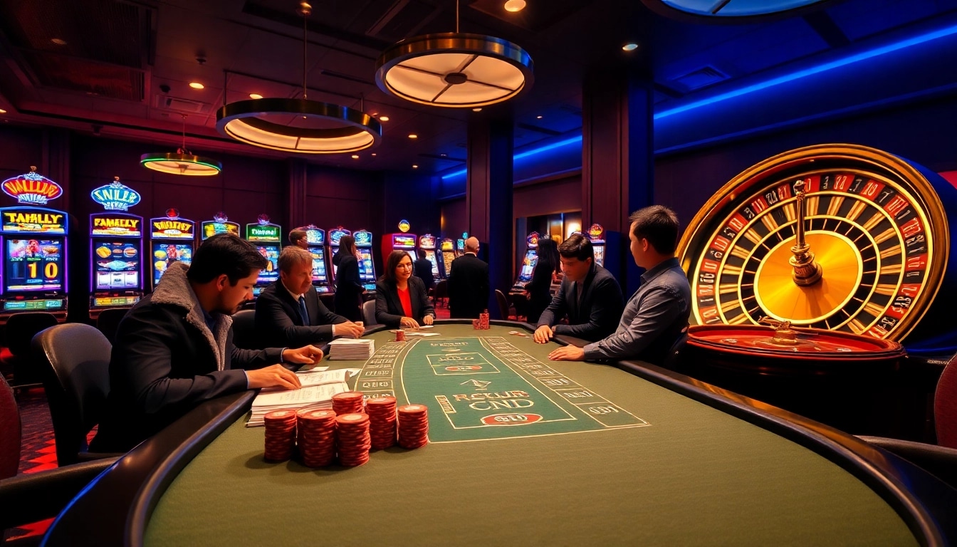 Exciting casino scene featuring betting action from https://f8bet.dental/ with poker chips and slot machines.