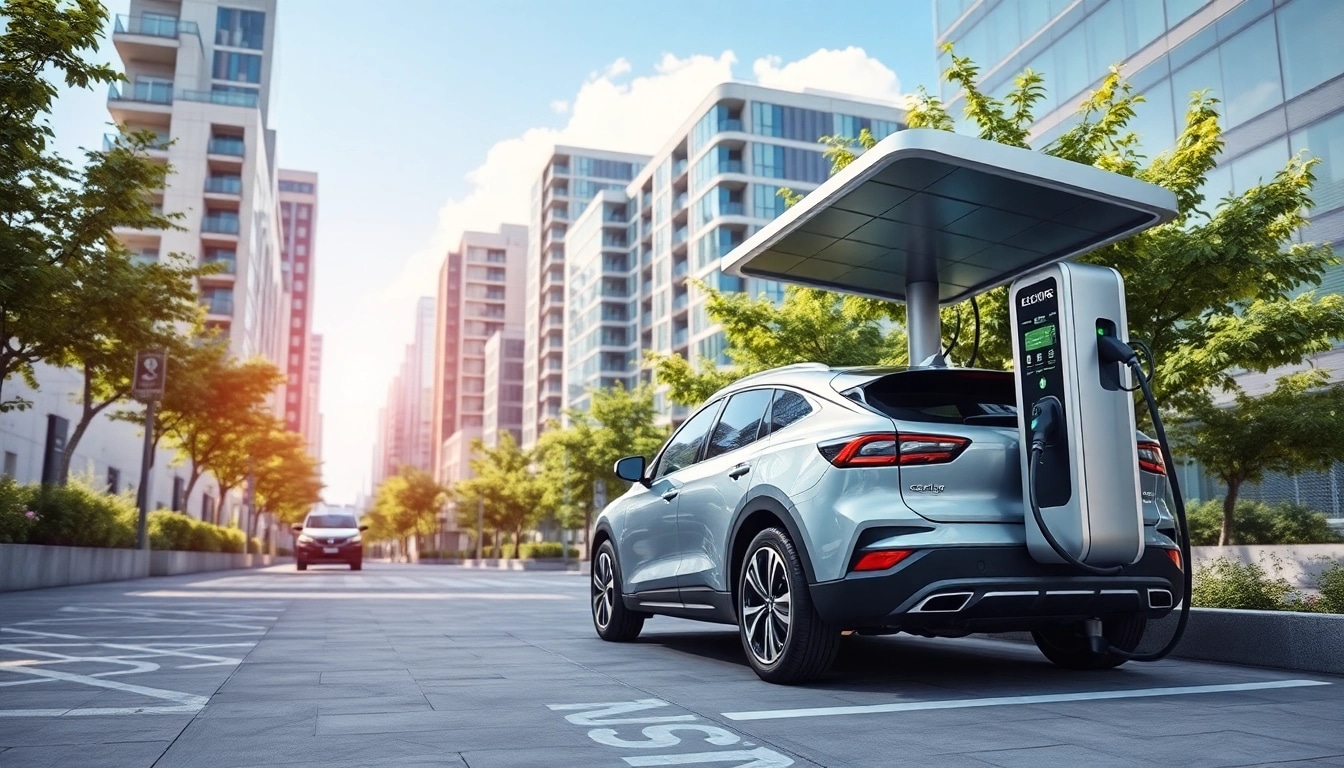 Elektroautos an einer modernen Ladestation in einer urbanen Umgebung mit nachhaltigen Technologien.