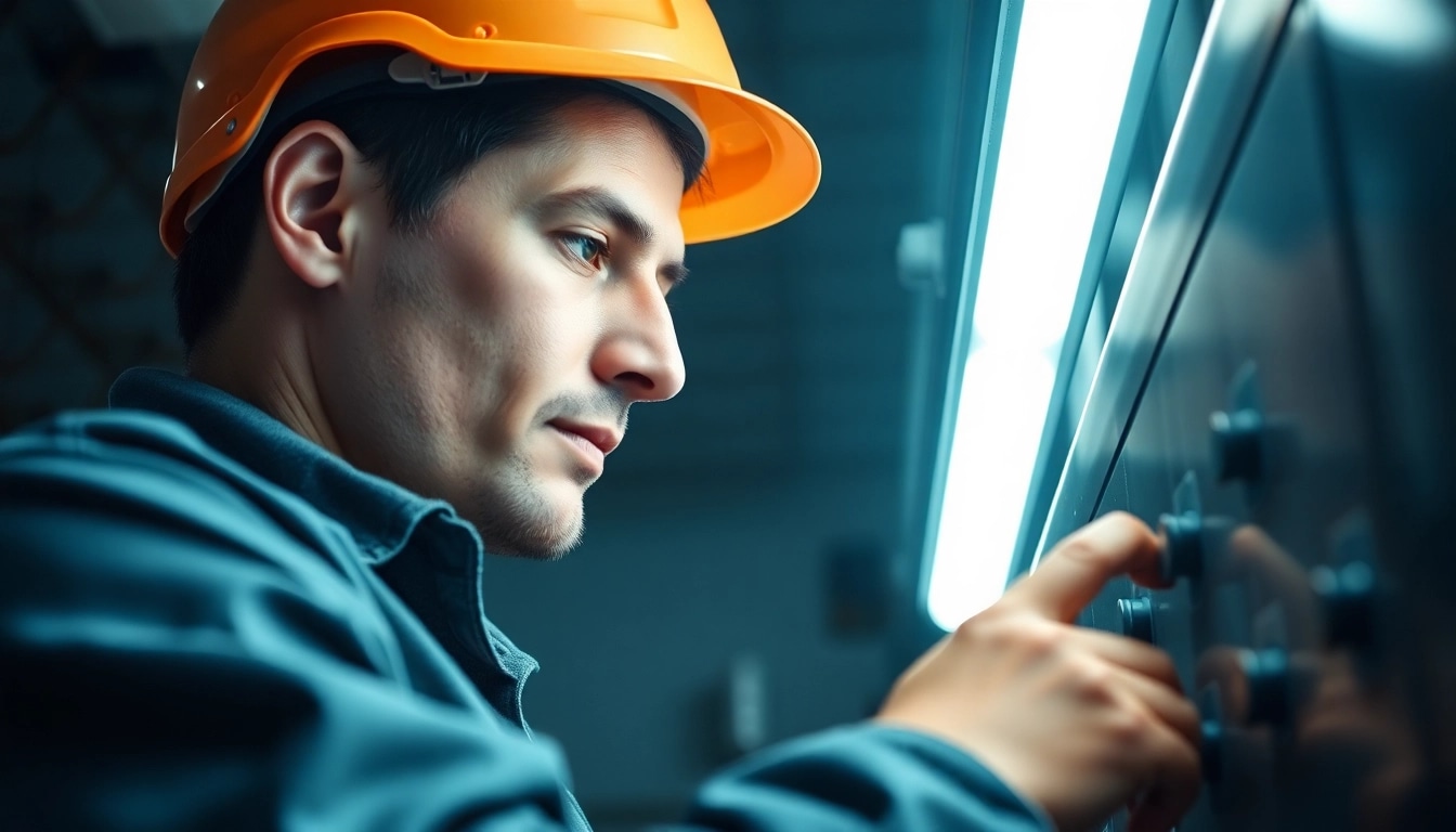 Technician conducting a DGUV V3 Prüfung on electrical equipment with keen attention in a well-lit workshop.