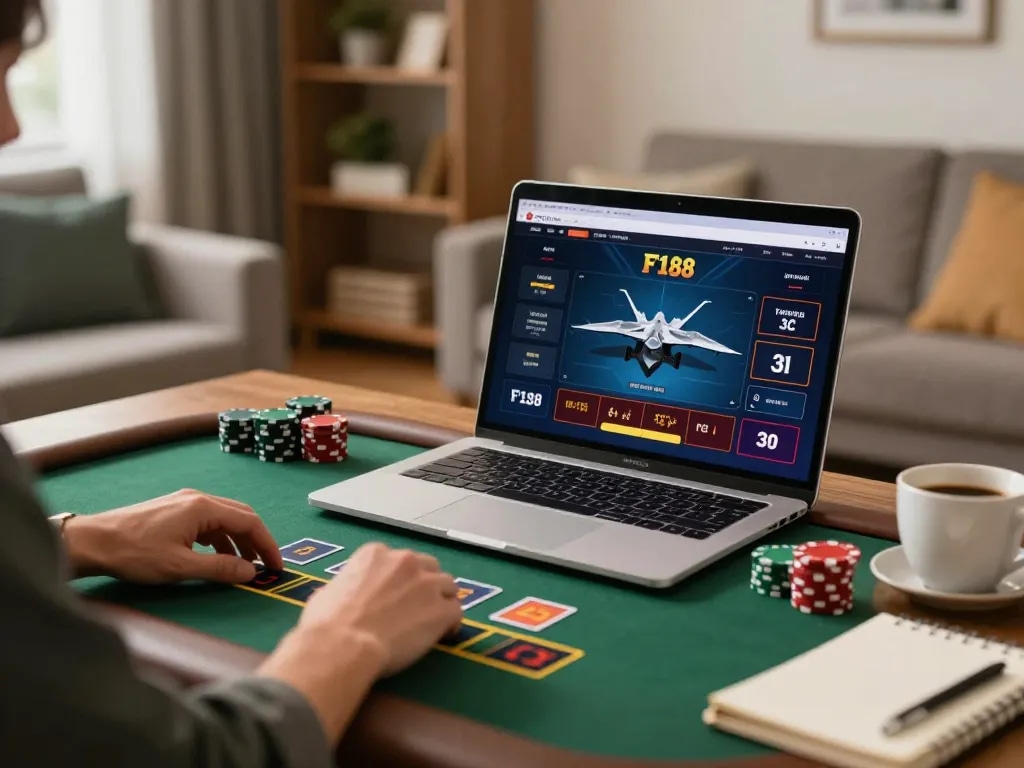 Player engages with F168 casino interface on laptop in cozy home setting, highlighting online gambling.