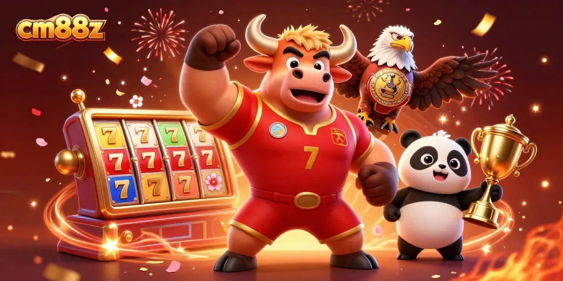 Experience exciting wins with cm88z, featuring slot reels and cheerful characters celebrating!