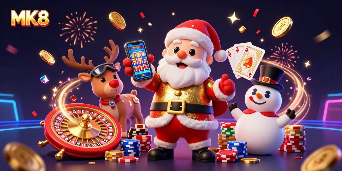 Spinning roulette and jackpot slots thrill MK8 players in a festive casino scene.