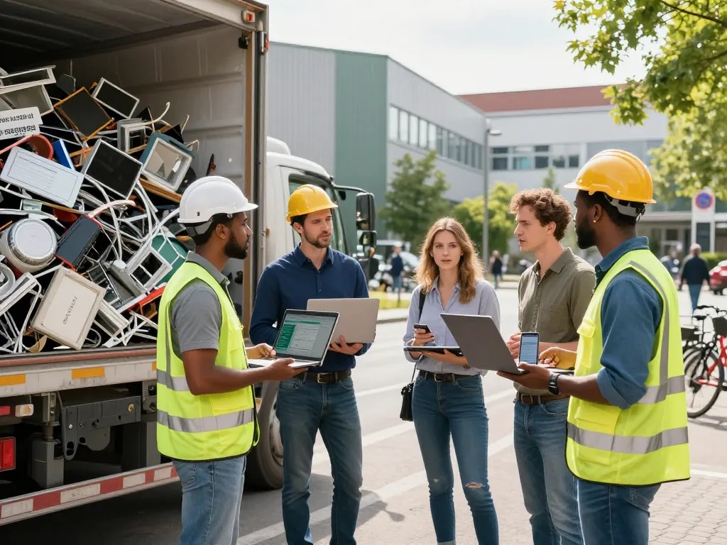 Team diskutiert die Logistik des Schrotthandels in der Nähe eines markenbestimmten Lastwagens in einer städtischen Umgebung.