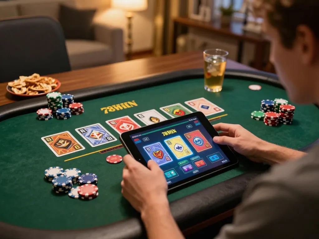 Engaged player using 78WIN app for online gaming with tablet interface, showcasing strategic betting.