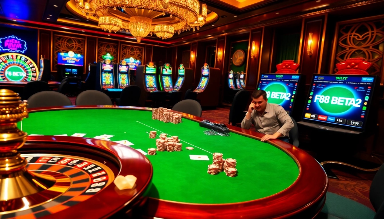 Players enjoying a high-stakes game at an F8BETA2 casino table surrounded by vibrant slot machines.