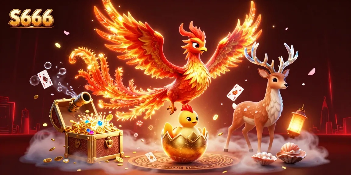 S666 phoenix illustration soaring amidst treasure, glowing cards, and casino elements enriching the gaming adventure.