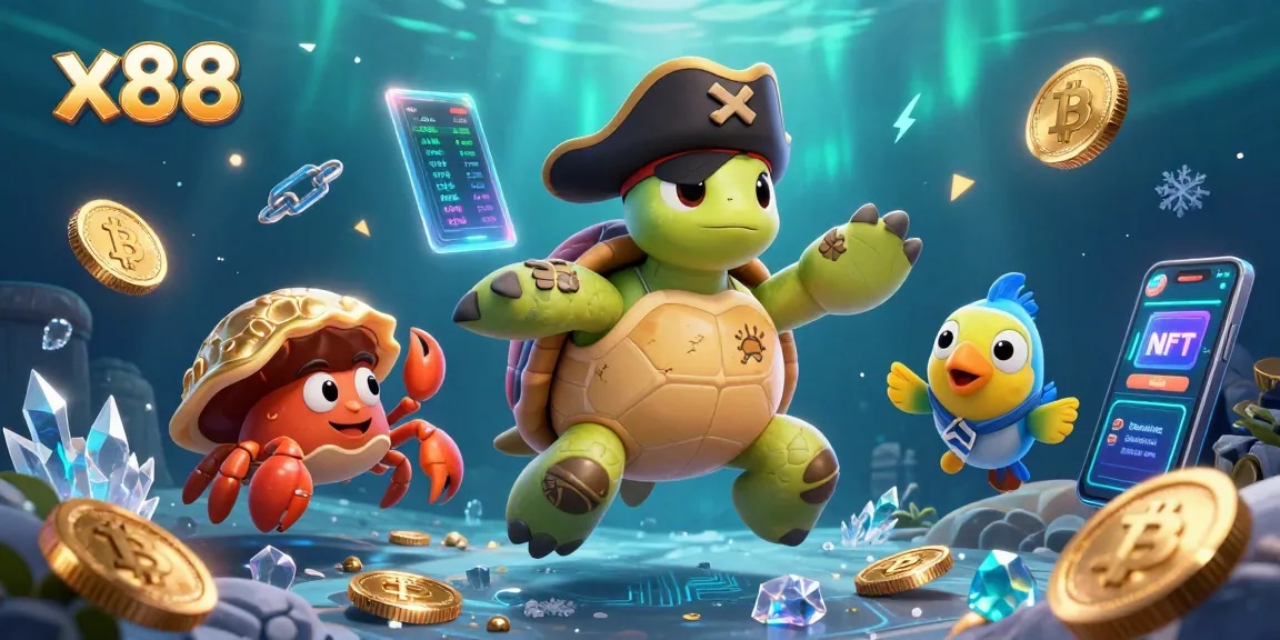 Experience thrilling gaming adventures at x88 with a vibrant scene of treasures and crypto relishing in wins.