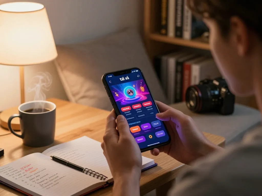 Engaging with app tài xỉu online uy tín on a smartphone in a cozy home setting, emphasizing responsible gaming.