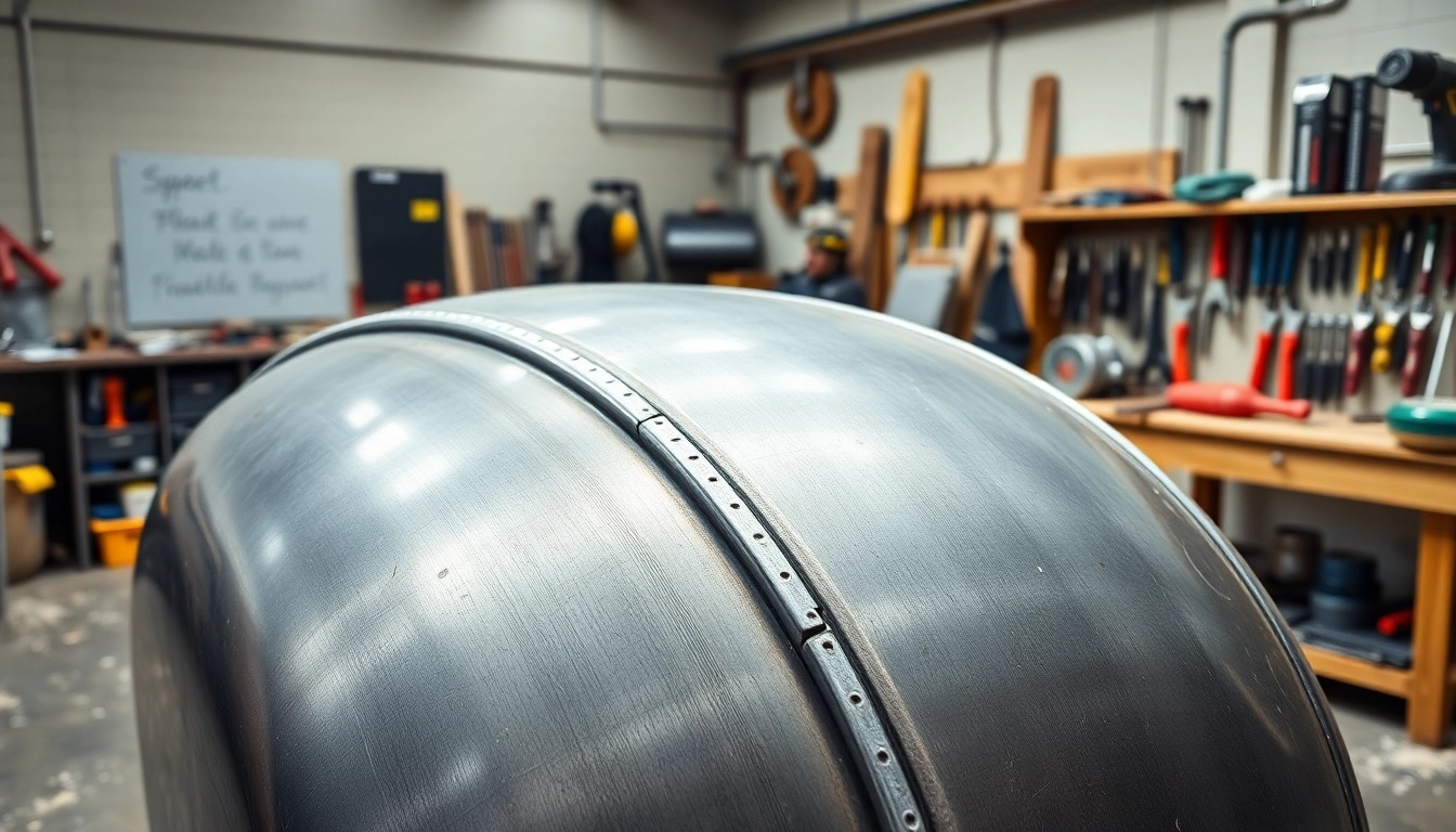 Kellertank zersägen in a professional workshop with tools and safety gear surrounding it.