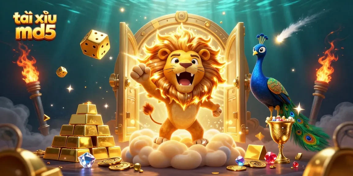 Engage with exciting gameplay in tài xỉu md5, showcasing a vibrant 3D casino scene filled with treasure and golden elements.