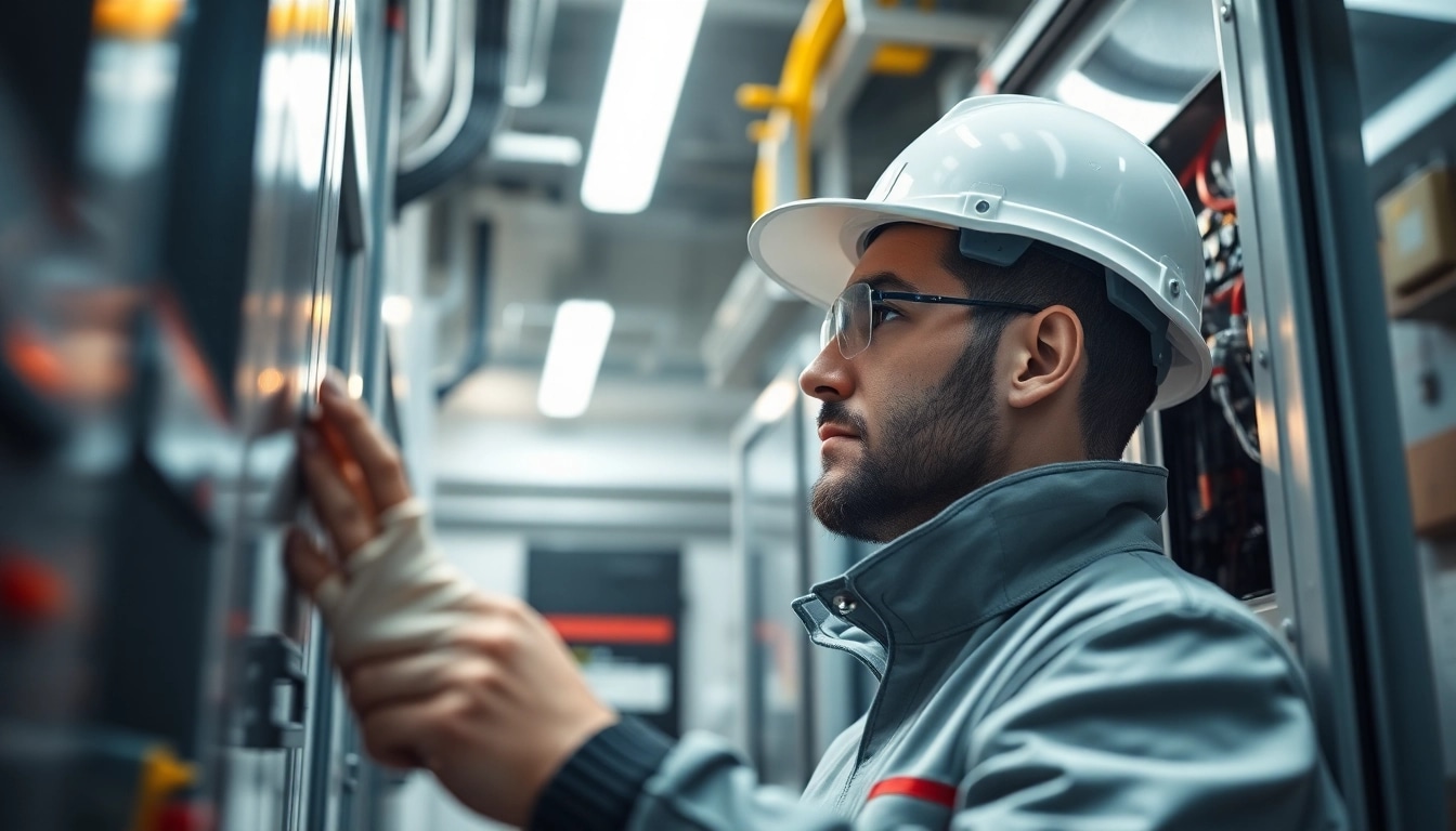 Technician conducting a DGUV V3 Prüfung on electrical devices, highlighting safety measures and professional standards.