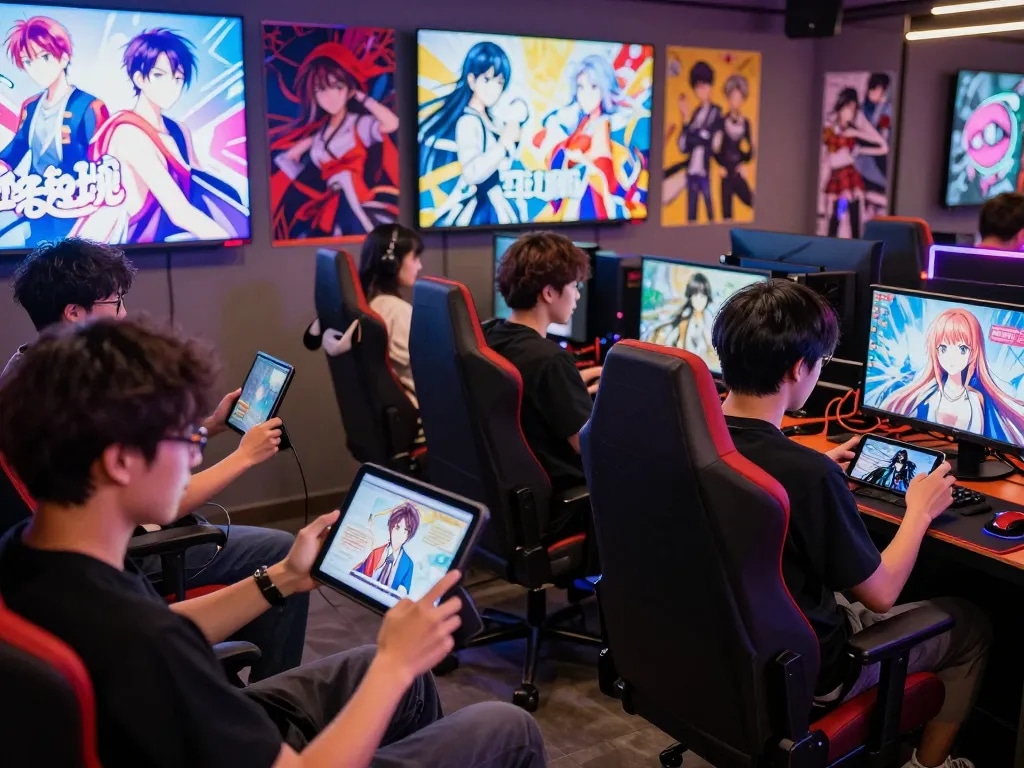 Engaged gamers exploring popular porn ganes in a vibrant adult gaming hub atmosphere.