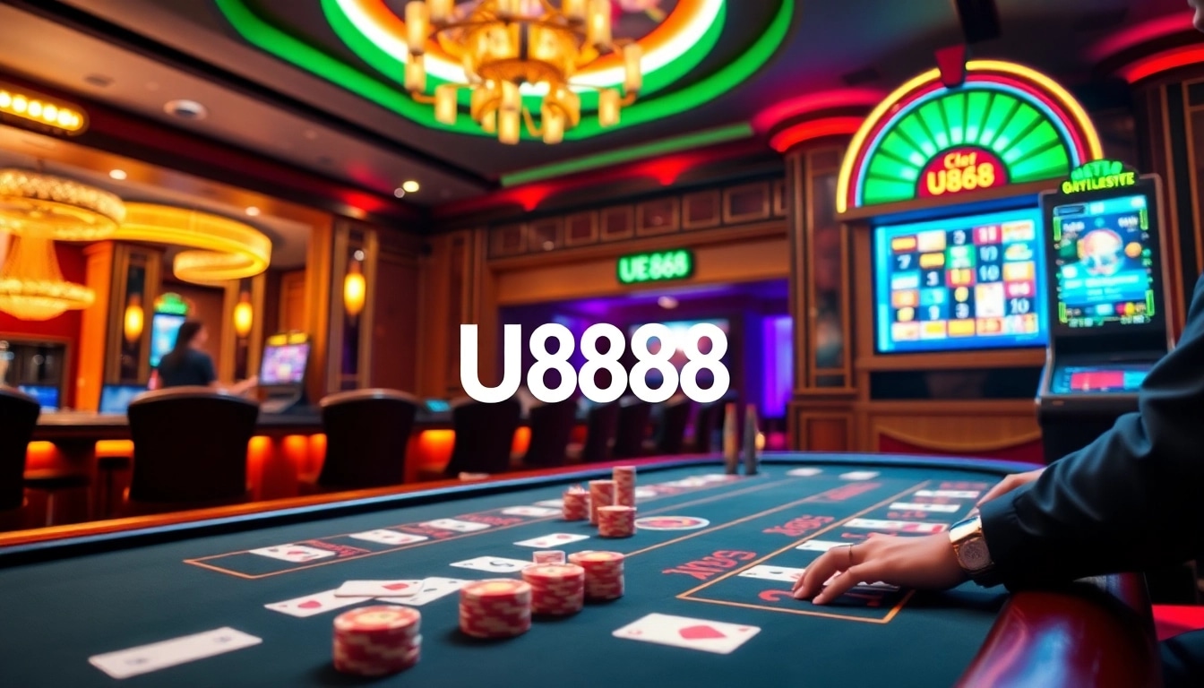 Experience exciting casino action at U888 with poker chips, cards, and a roulette wheel.