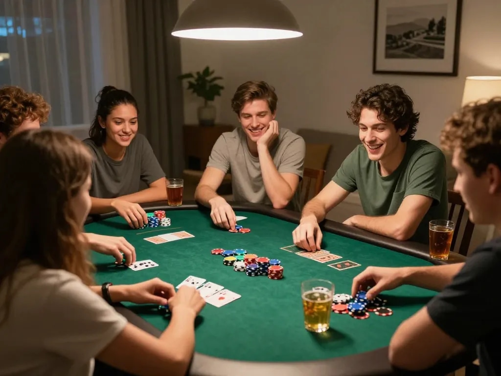 Friends enjoying a game of poker featuring 888NEW, with colorful chips, community cards, and a cozy atmosphere.