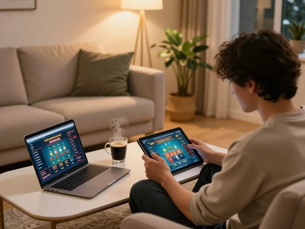 Player engaging with PH22's casino platform on a tablet, cozy home gaming setup visible