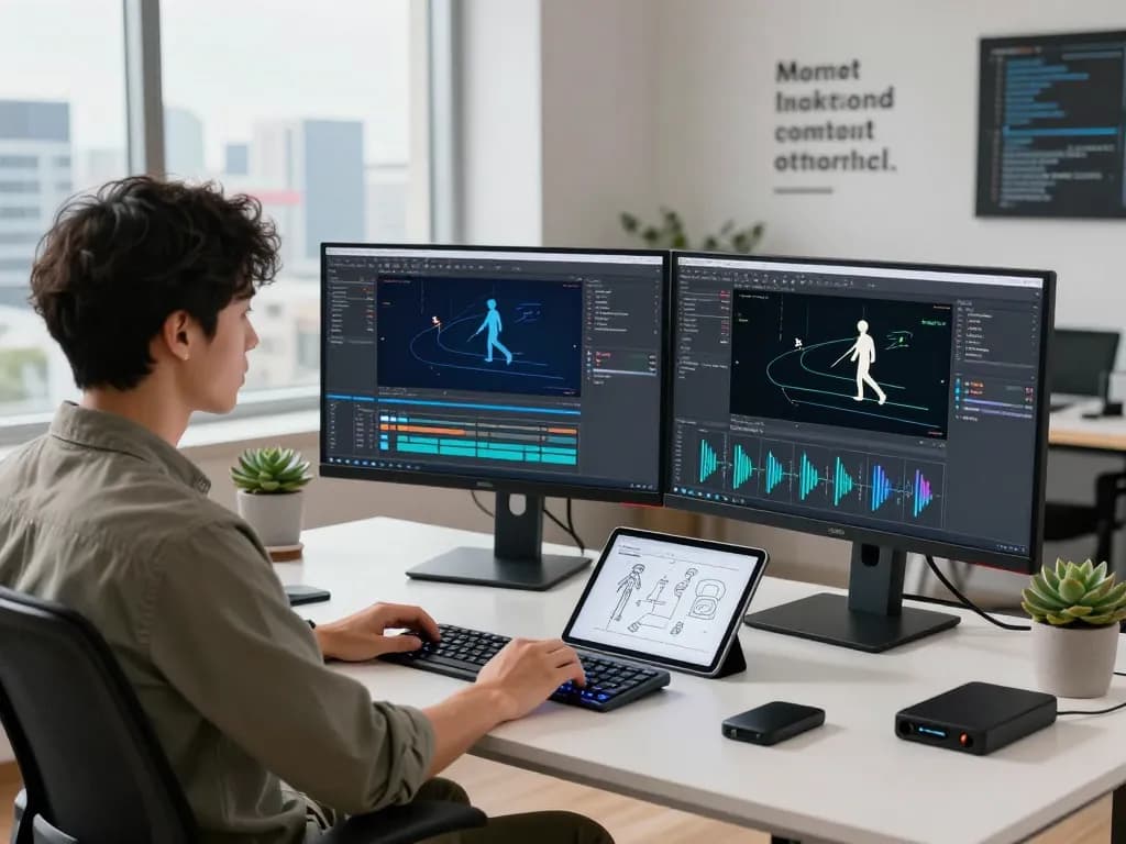 Dynamic workspace showcasing AI motion control software with vibrant animations and tools for enhanced video creation.
