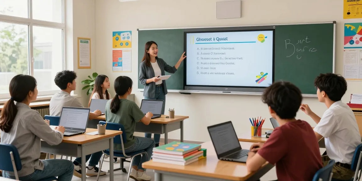 Quiz Allgemeinwissen in interaktivem Klassenzimmer, Schüler diskutieren Antworten.