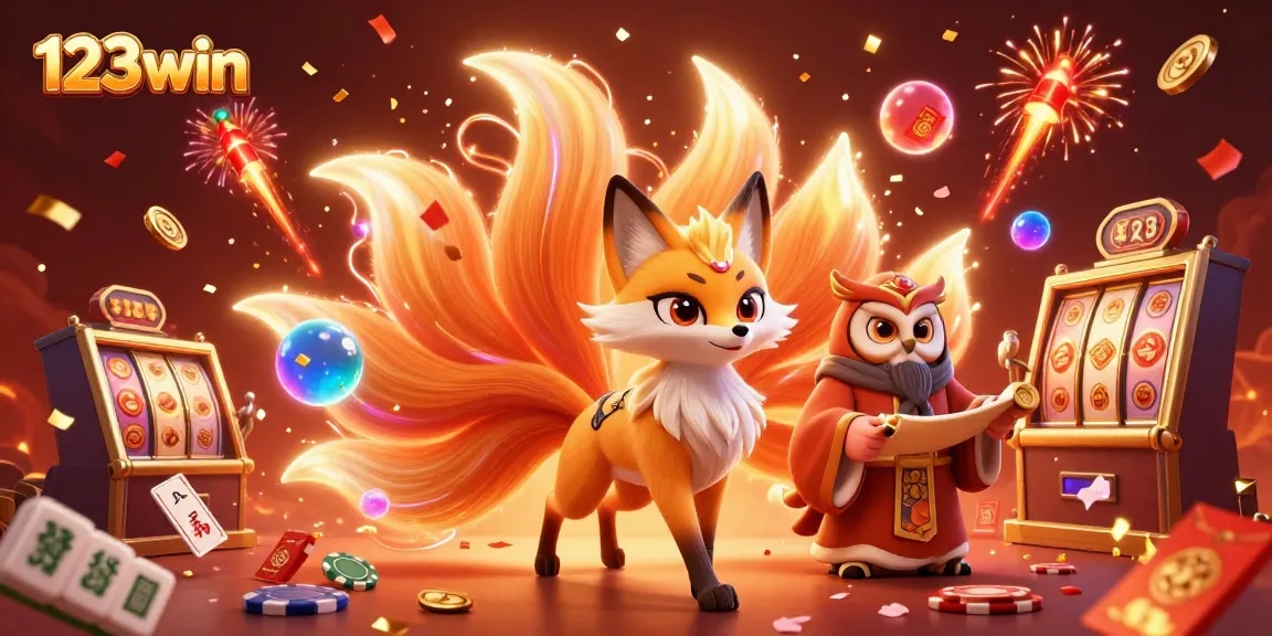Engage with 123win’s vibrant casino experience featuring a colorful nine-tailed fox and wise owl amidst festive game elements.