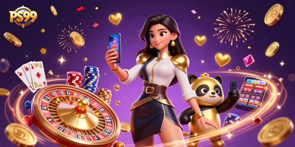 Join the excitement at PS99 with a smiling Asian woman and a playful panda enjoying casino games amidst sparkling elements.