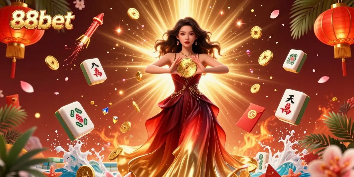 Experience the thrill of winning at 88bet with a stunning Asian woman holding a golden coin amidst a vibrant casino backdrop.