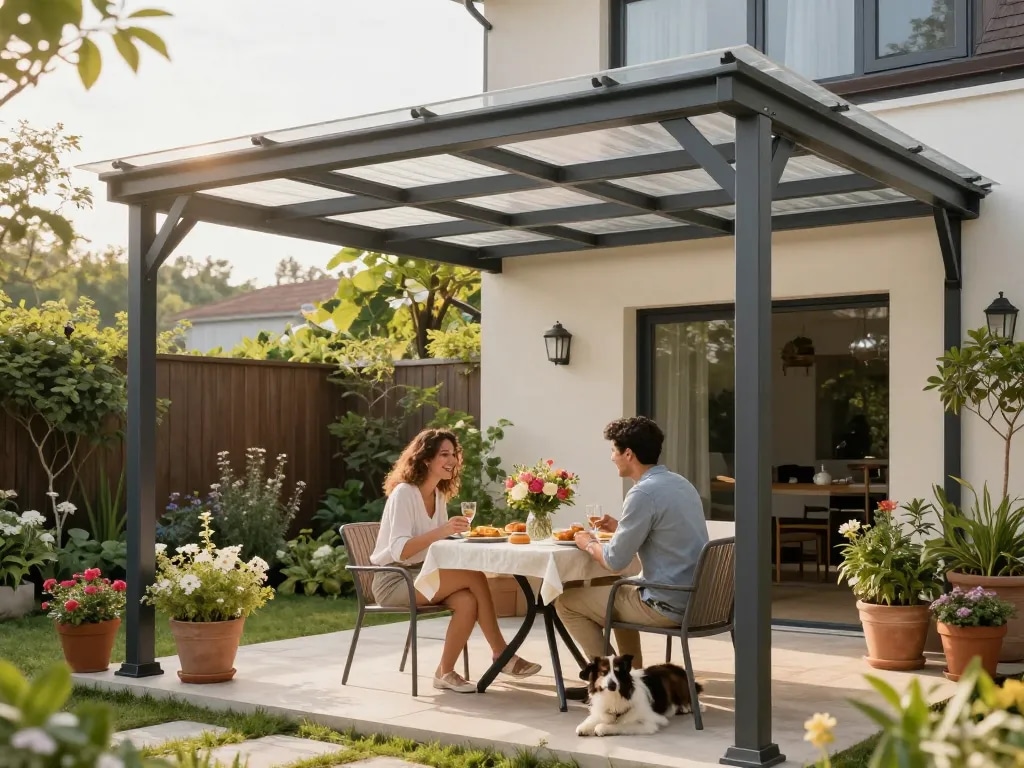 Paar genießt Brunch unter einer eleganten Terrassenüberdachung in einer ruhigen Gartenumgebung.